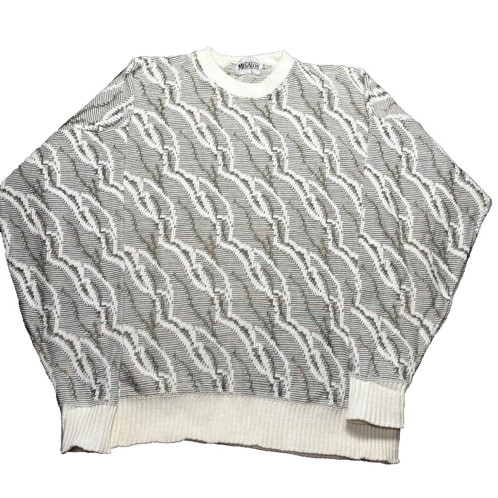 Vintage Megalos 3D Knit Sweater Men's 3XLT White 90s Coogi Style Big & Tall